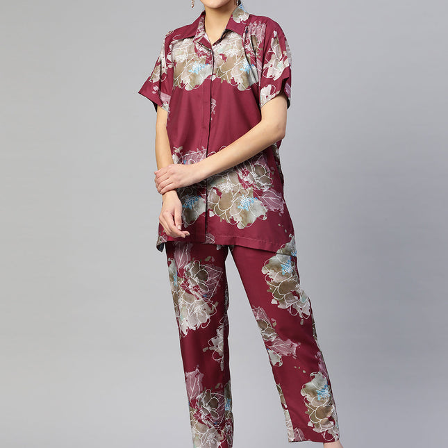 Piroh Womens Art Silk Floral Print Top and Pant Co-ord Set (Maroon)