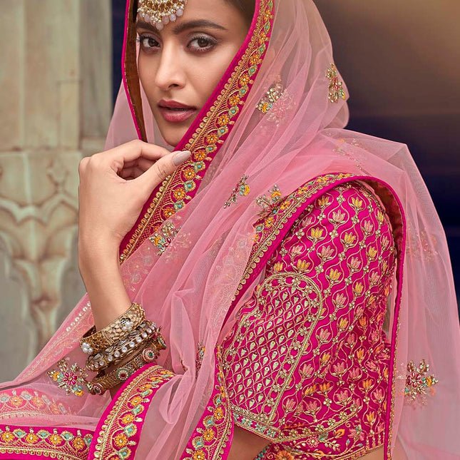 Beautiful Pink Jarkan Banarasi Silk Lehenga