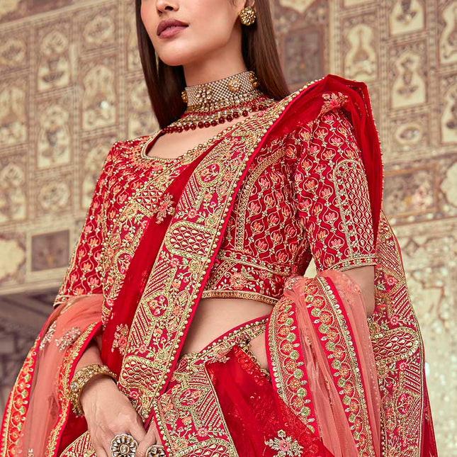 Beautiful Red Jarkan Banarasi Silk Lehenga