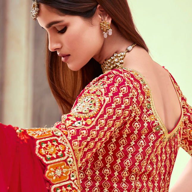 Beautiful Vivid Red Jarkan Banarasi Silk Lehenga