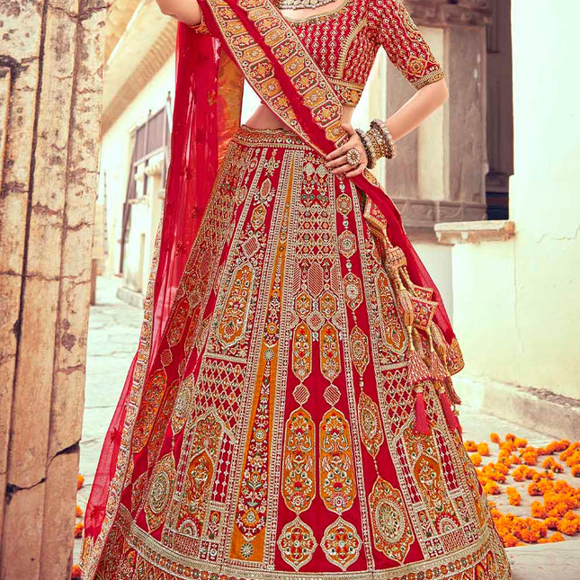 Beautiful Vivid Red Jarkan Banarasi Silk Lehenga