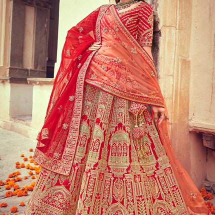 Beautiful Rose Red Jarkan Banarasi Silk Lehenga