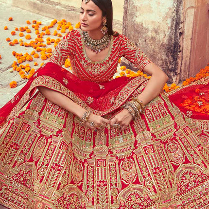 Beautiful Rose Red Jarkan Banarasi Silk Lehenga