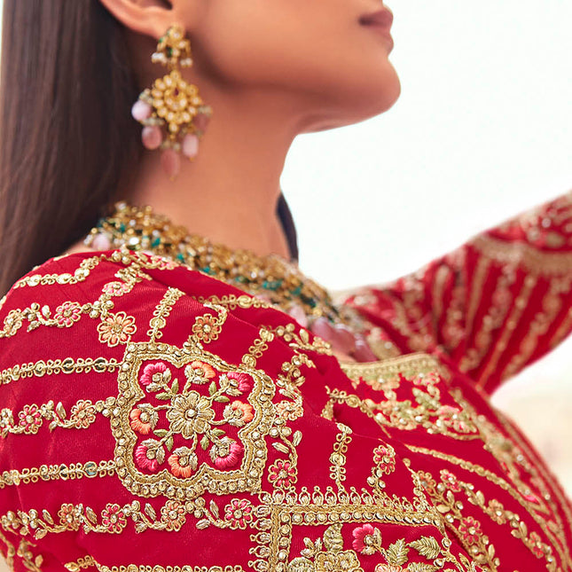 Beautiful Rose Red Jarkan Banarasi Silk Lehenga