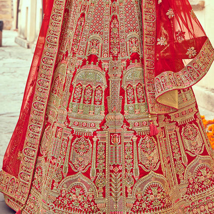 Beautiful Rose Red Jarkan Banarasi Silk Lehenga