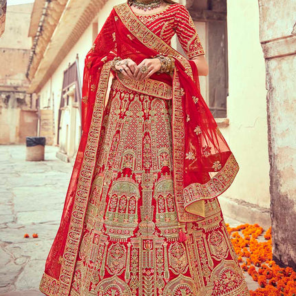 Beautiful Rose Red Jarkan Banarasi Silk Lehenga