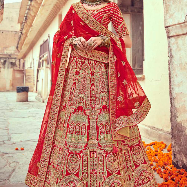 Beautiful Rose Red Jarkan Banarasi Silk Lehenga