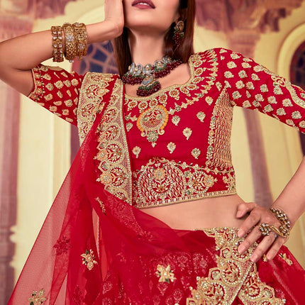 Bright Red Jarkan Banarasi Silk Lehenga