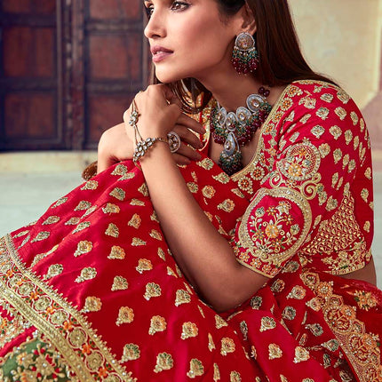 Bright Red Jarkan Banarasi Silk Lehenga