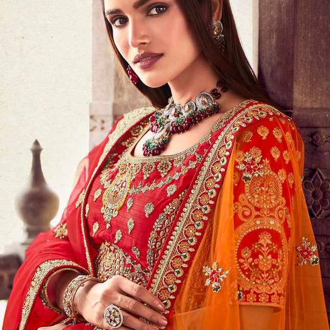 Bright Red Jarkan Banarasi Silk Lehenga