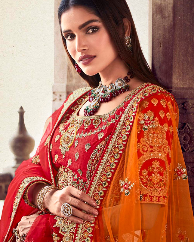 Bright Red Jarkan Banarasi Silk Lehenga