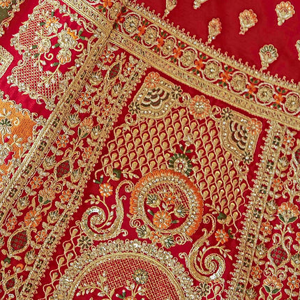 Bright Red Jarkan Banarasi Silk Lehenga