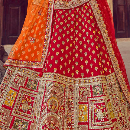 Bright Red Jarkan Banarasi Silk Lehenga