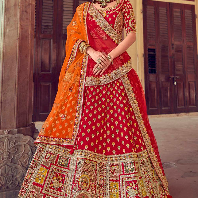 Bright Red Jarkan Banarasi Silk Lehenga