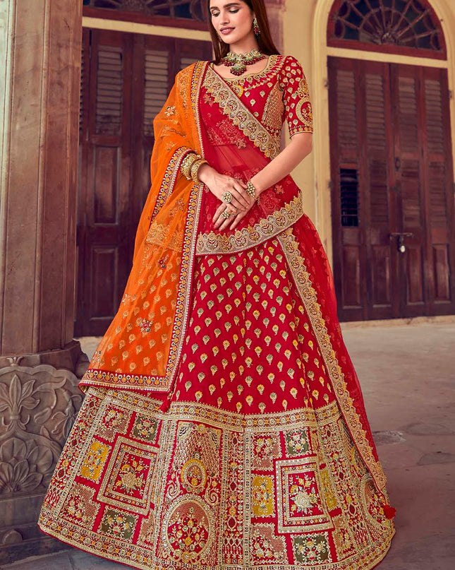 Bright Red Jarkan Banarasi Silk Lehenga