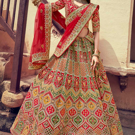 Tinted Red Jarkan Banarasi Silk Lehenga