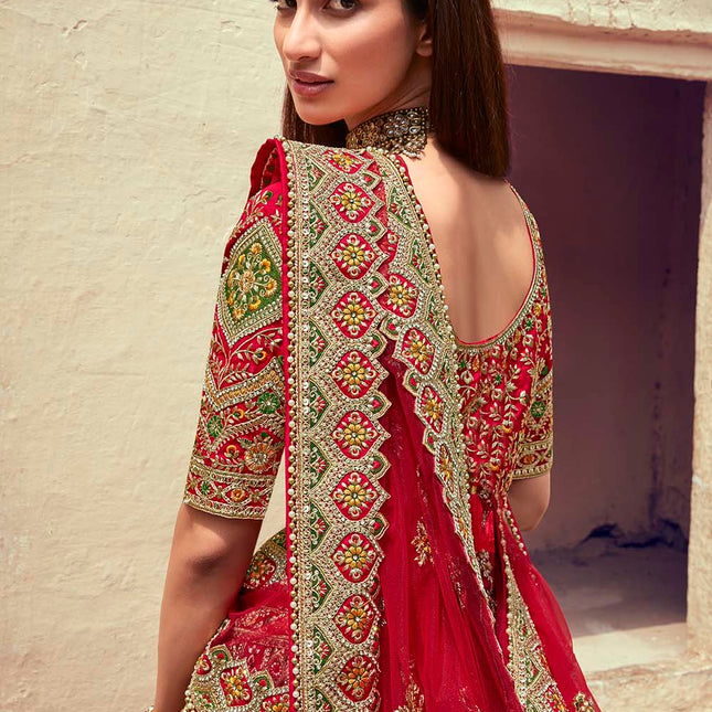 Tinted Red Jarkan Banarasi Silk Lehenga