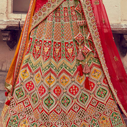 Tinted Red Jarkan Banarasi Silk Lehenga