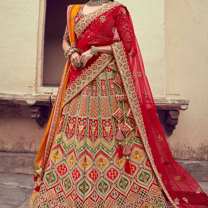 Tinted Red Jarkan Banarasi Silk Lehenga