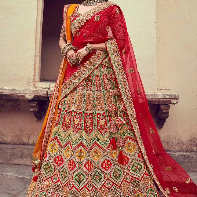 Tinted Red Jarkan Banarasi Silk Lehenga