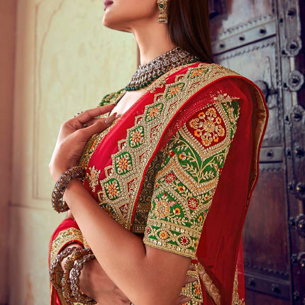 Beige Brown & Scarlet Red Banarasi Silk Lehenga
