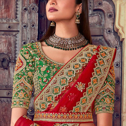 Beige Brown & Scarlet Red Banarasi Silk Lehenga