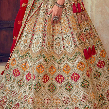 Beige Brown & Scarlet Red Banarasi Silk Lehenga