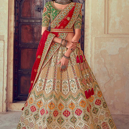 Beige Brown & Scarlet Red Banarasi Silk Lehenga