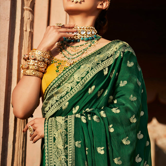Leafy Green Woven Banarasi Silk Saree