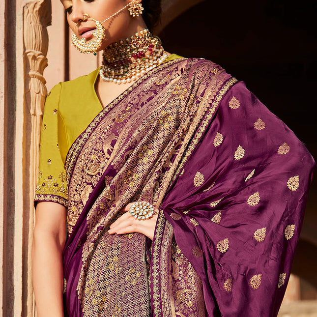 Violaceous Purple Embroidered Banarasi Silk Saree