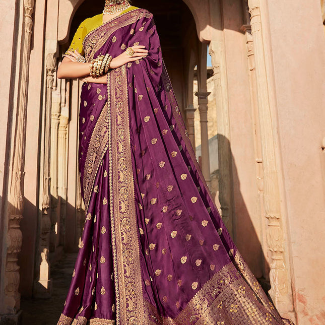Violaceous Purple Embroidered Banarasi Silk Saree