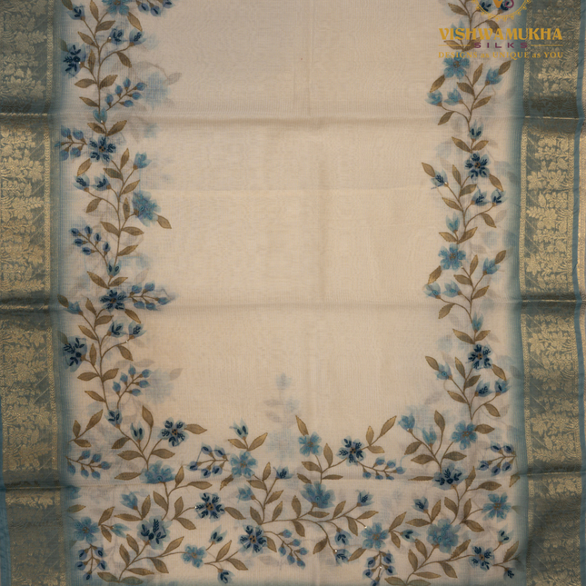 Chanderi Kantha Work-VSC6 Sea Blue