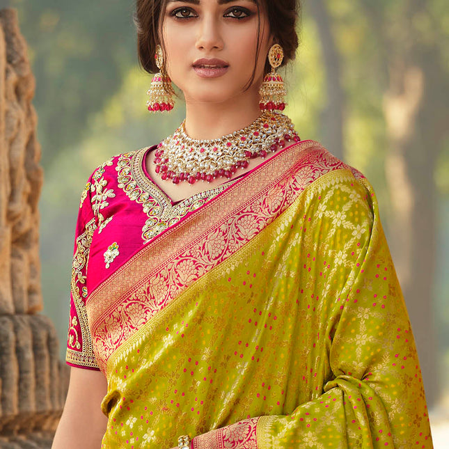 Mustard Green Woven Banarasi Silk Saree