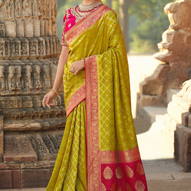 Mustard Green Woven Banarasi Silk Saree