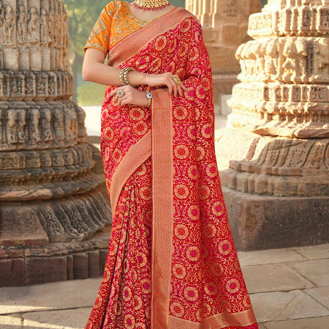 Shiny Red Woven Banarasi Silk Saree