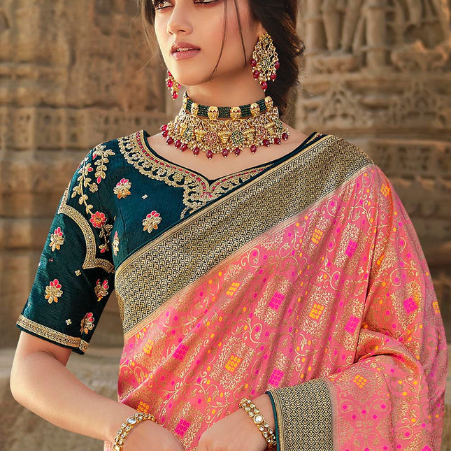 Pastel Pink Banarasi Woven Silk Saree