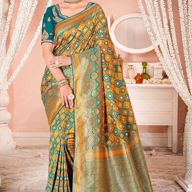 Harmonious Yellow Blue Banarasi Silk Saree