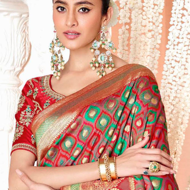Fresh Reddish Green Banarasi Silk Saree
