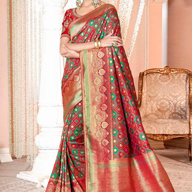 Fresh Reddish Green Banarasi Silk Saree