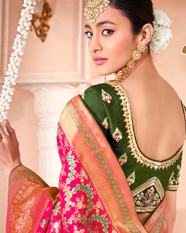 Electric Pink Woven Banarasi Silk Saree