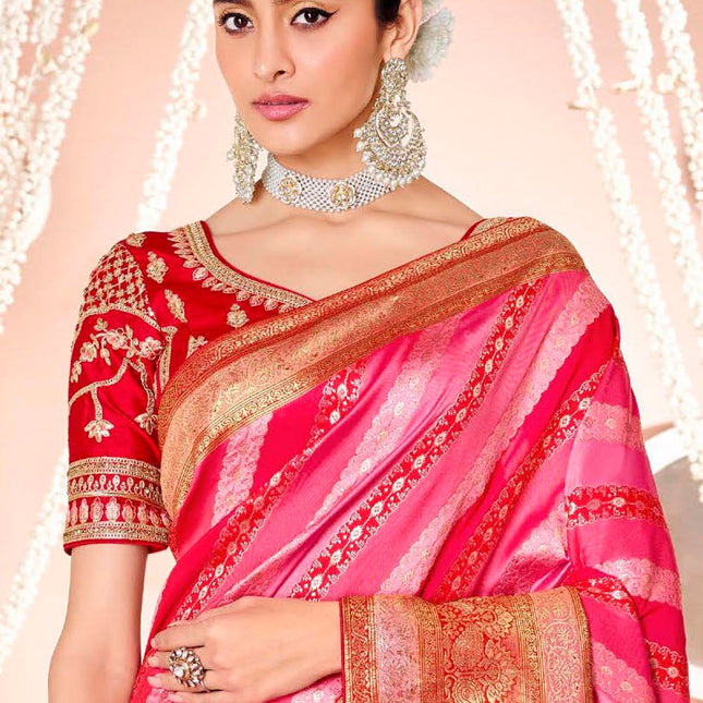 Prismatic Pink Woven Banarasi Silk Saree