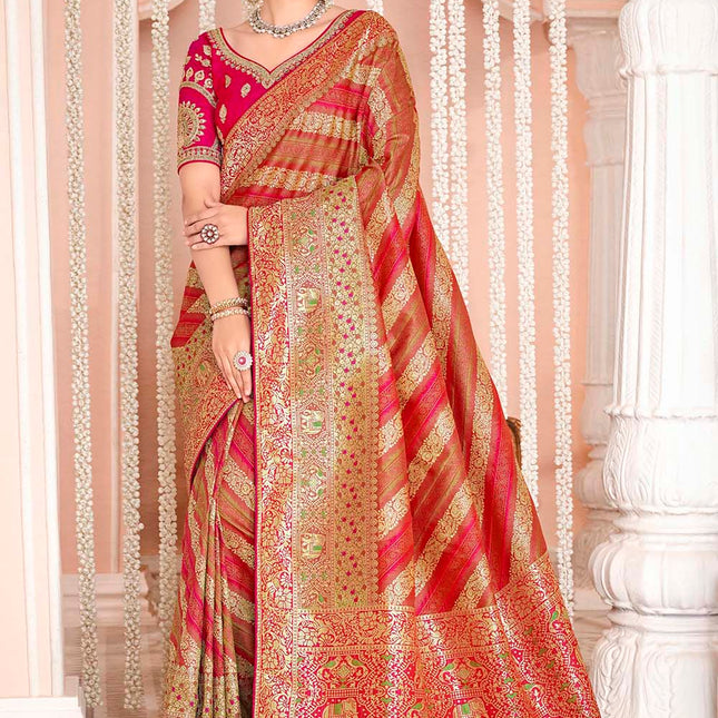 Chintzy Golden Red Woven Banarasi Silk Saree