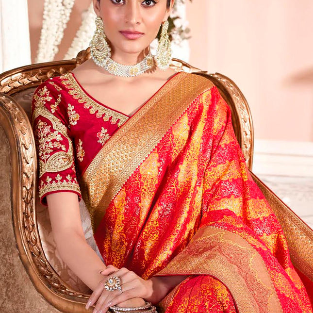 Brash Red Orange Woven Banarasi Silk Saree