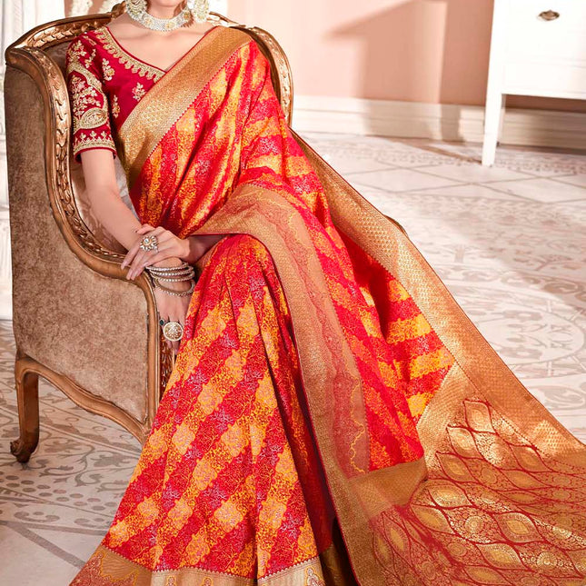 Brash Red Orange Woven Banarasi Silk Saree
