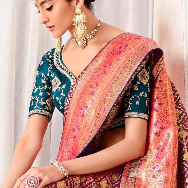 Festive Pink Purple Woven Banarasi Silk Saree