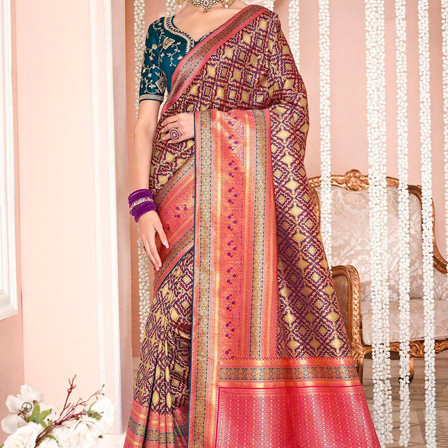 Festive Pink Purple Woven Banarasi Silk Saree