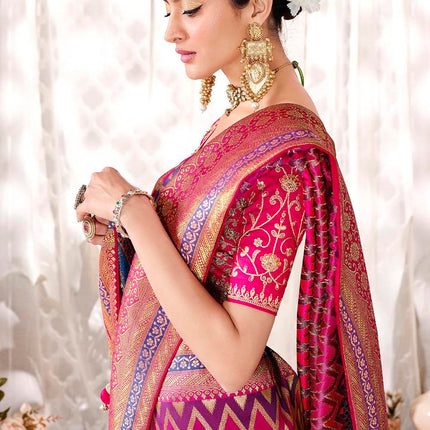 Glowing Pink Purple Woven Banarasi Silk Saree