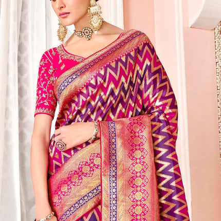 Glowing Pink Purple Woven Banarasi Silk Saree