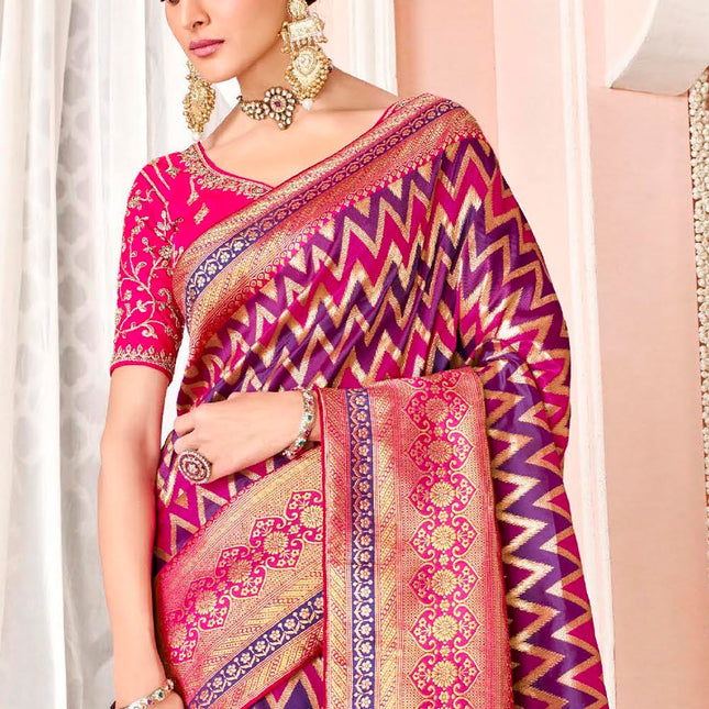 Glowing Pink Purple Woven Banarasi Silk Saree
