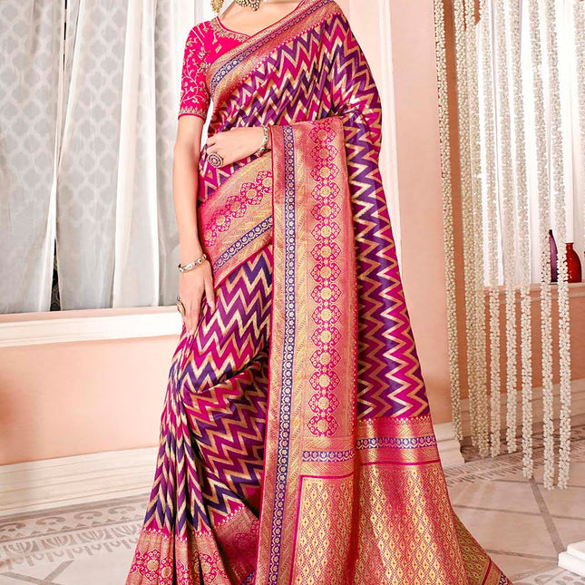 Glowing Pink Purple Woven Banarasi Silk Saree